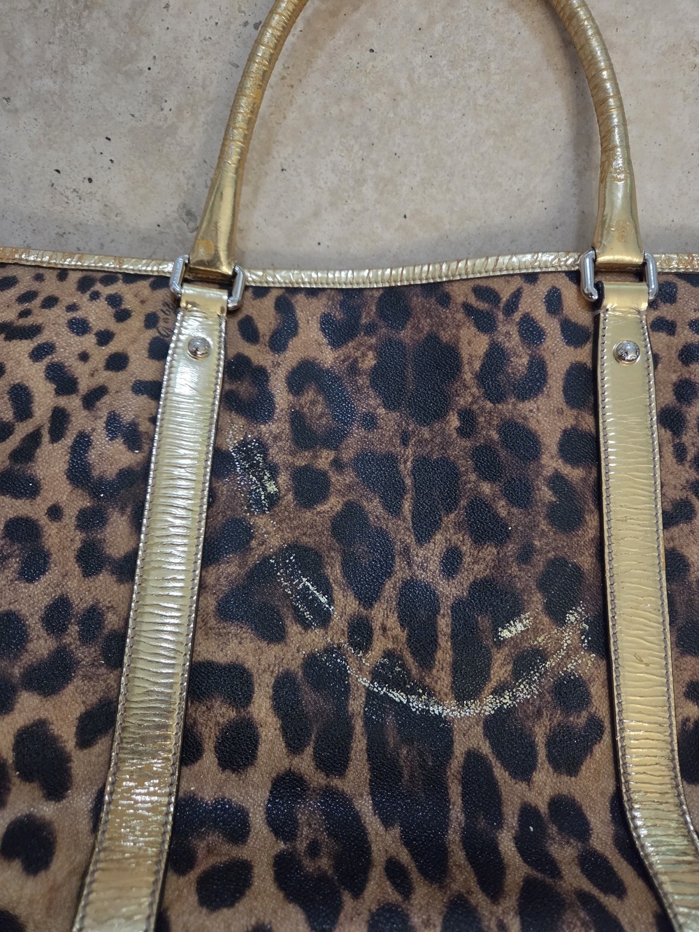 Dolce & Gabbana Leopard Print Tote Bag Gold Leather Trim Logo Plate Y2k - Picture 11 of 12